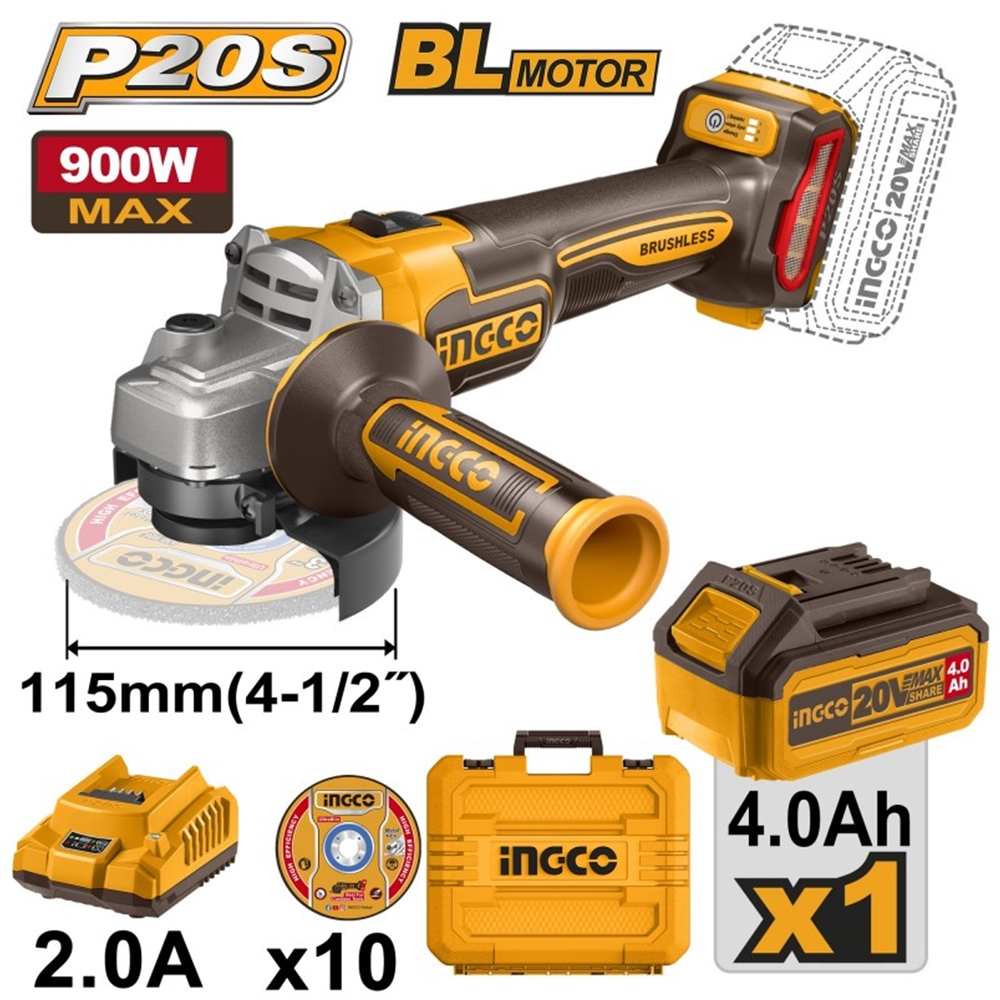 Угловая шлифмашина на аккумуляторах BLmotor 20V 115mm INGCO CAGLI211541