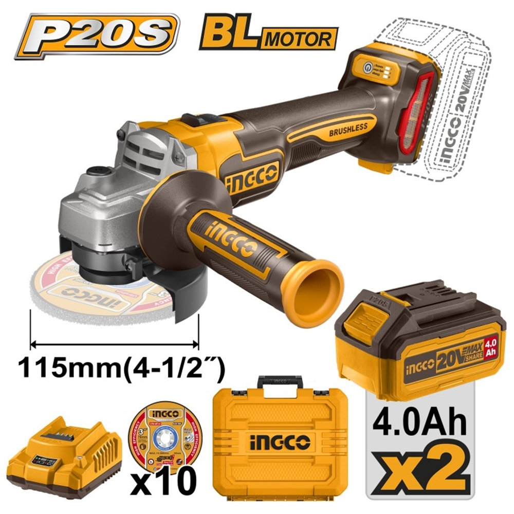 Болгарка УШМ аккумуляторная 20V/2*4A INGCO CAGLI211542