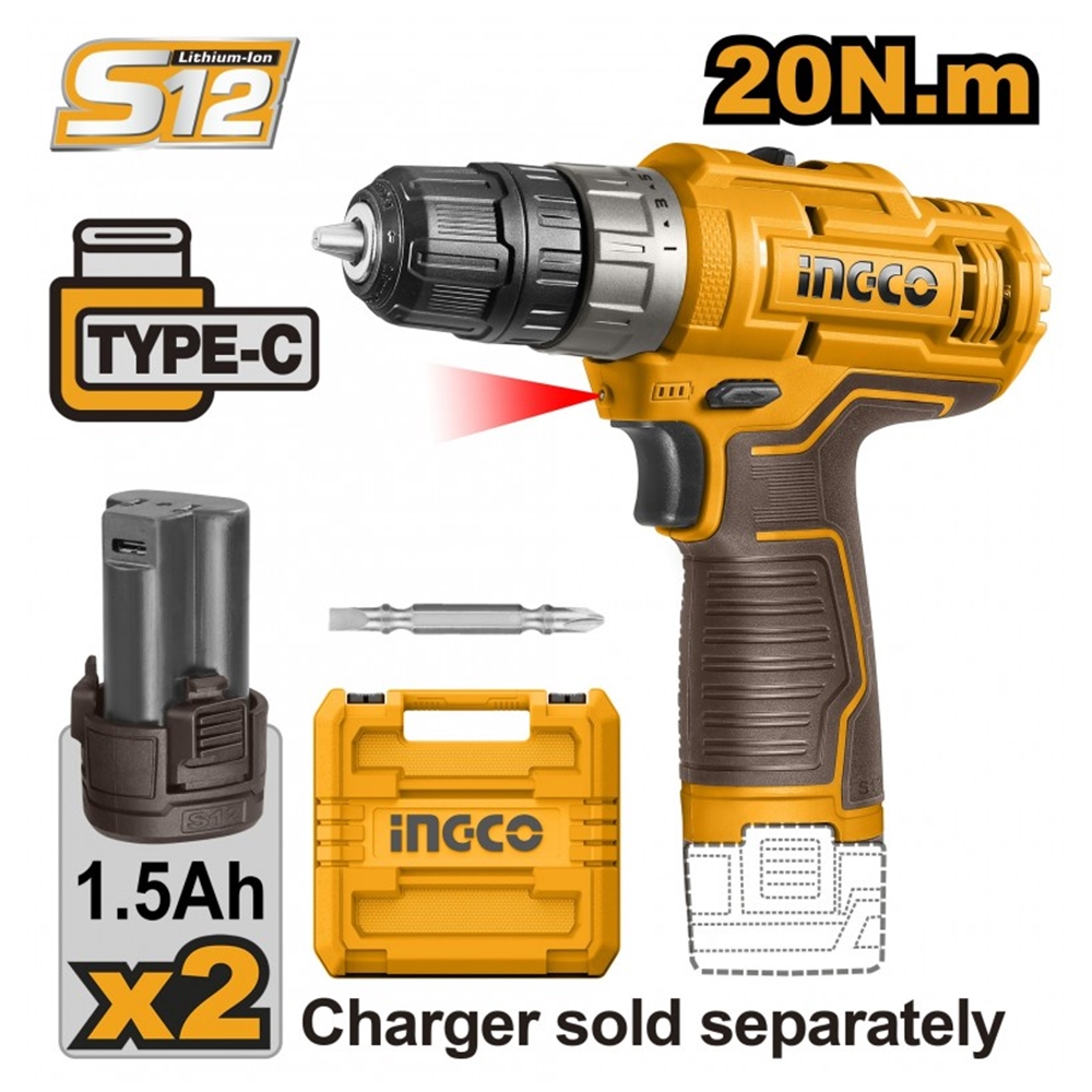 Шуруповёрт аккумуляторный INGCO CDLI12202 12V/2*1.5A