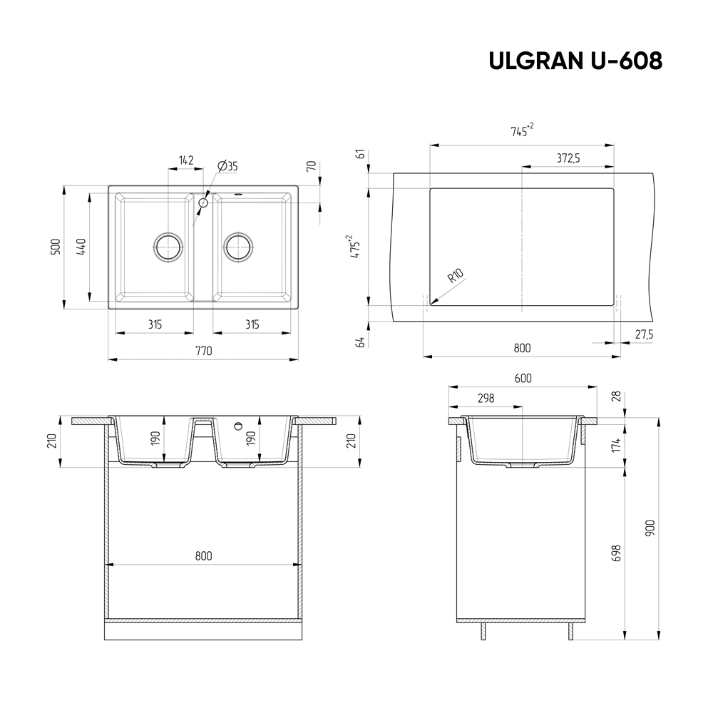 Кухонная мойка ULGRAN U-608 Черный