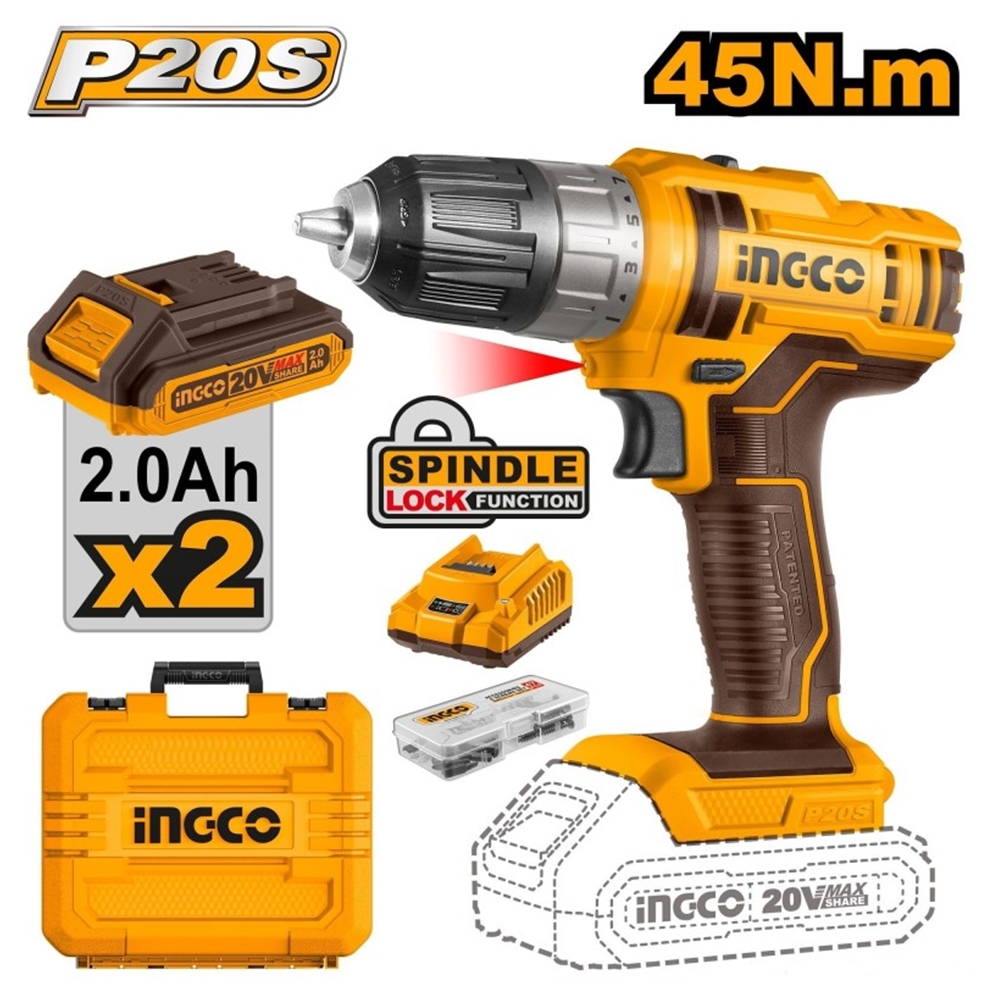 Шуруповёрт аккумуляторный INGCO CDLI200528 Li-Ion 20V/2*2A