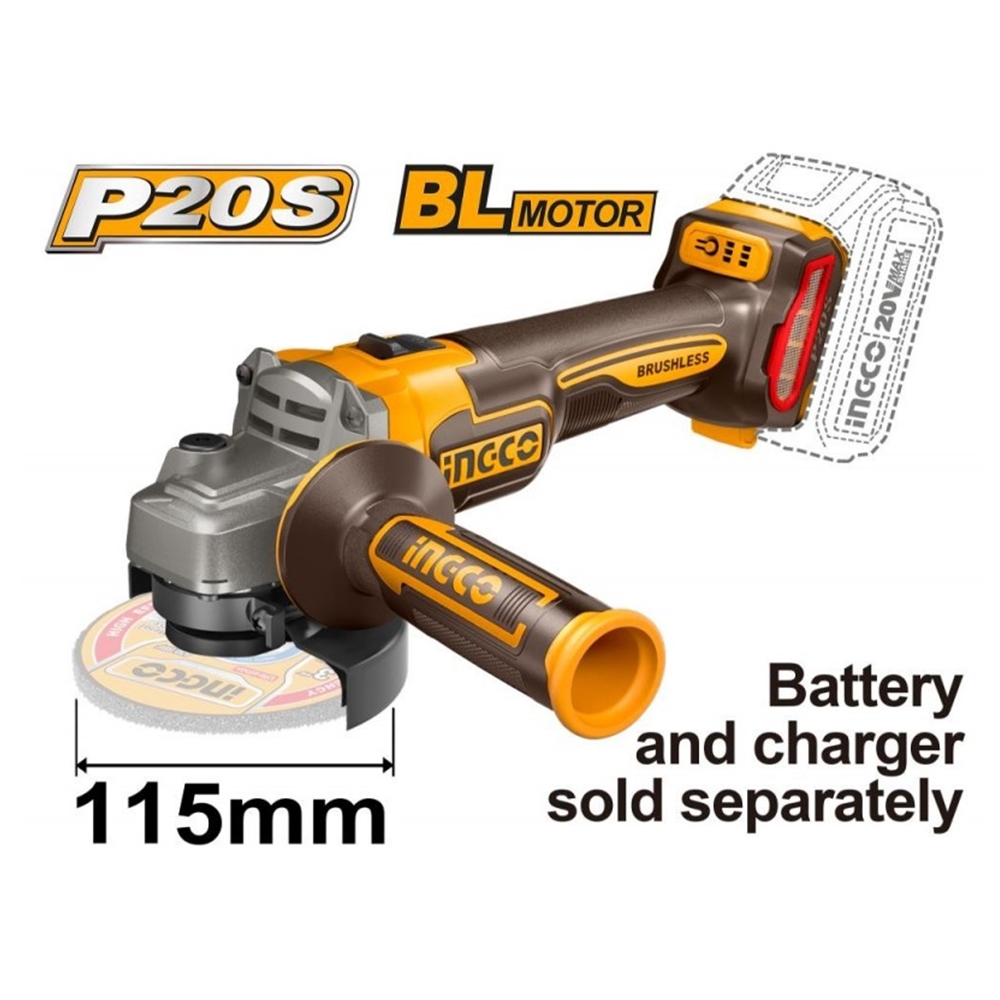 Угловая шлифмашина без аккумулятора BLmotor 20V 115мм INGCO CAGLI21154