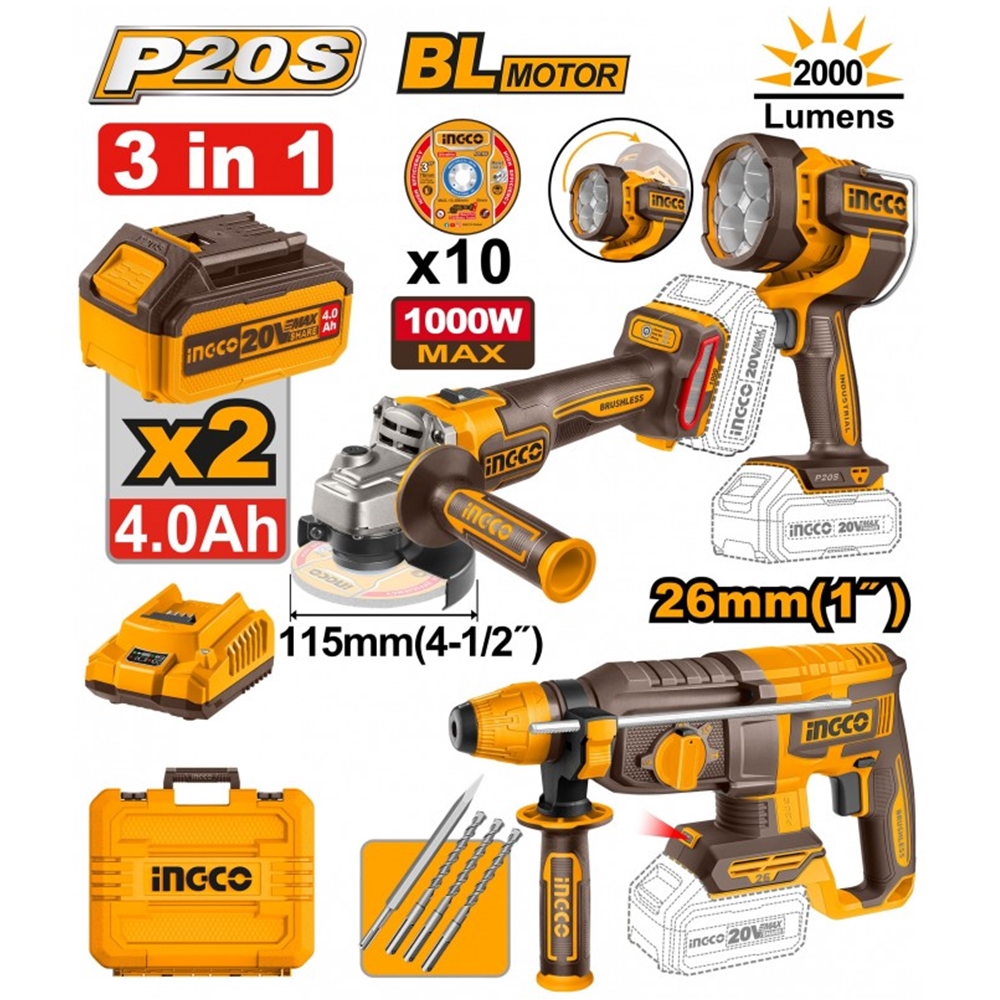 Set din 3 scule cu acumulator INDUSTRIAL INGCO COSLI250183