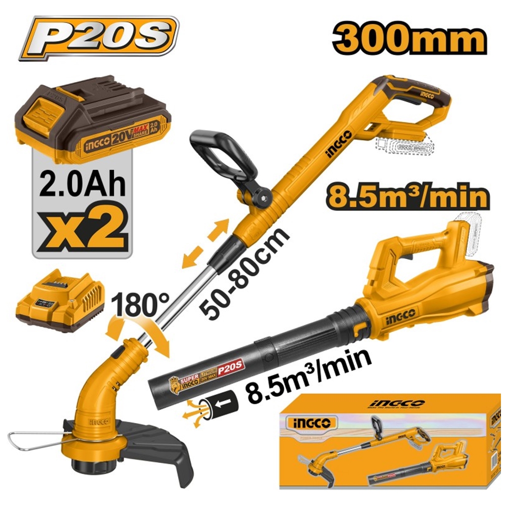 Триммер аккумуляторный + Воздуходувка листьев INGCO COSLI240203 Li-Ion 2*2AH
