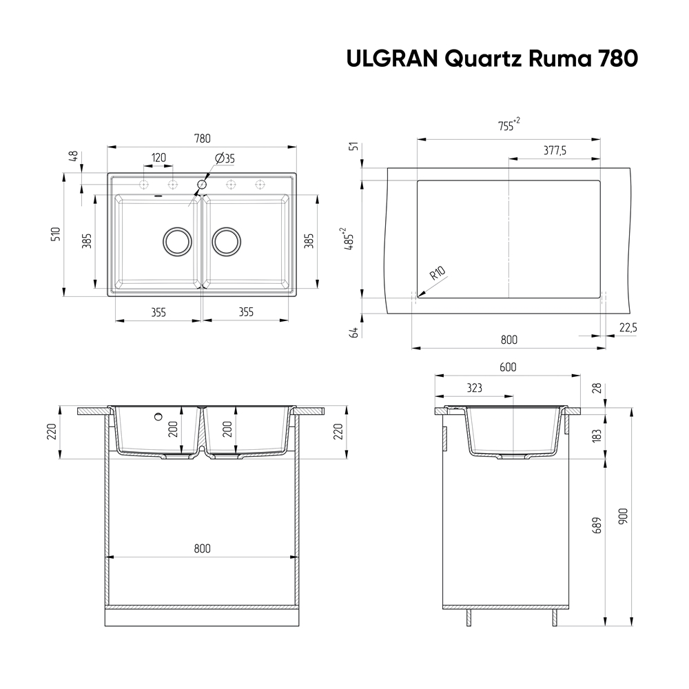 Кухонная мойка ULGRAN Quartz Ruma 780 Уголь