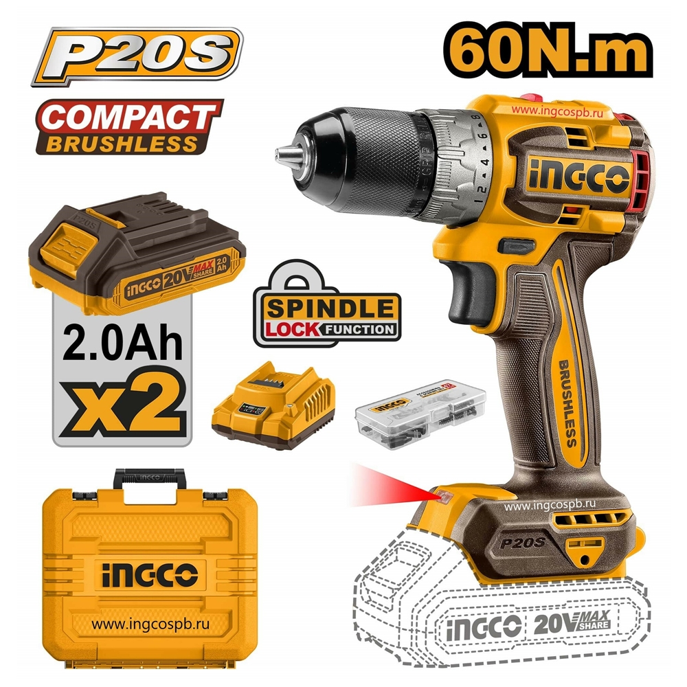 Шуруповерт бесщеточный INGCO CDLI20602 Li-ion 20V/2*2Ah 60Нм