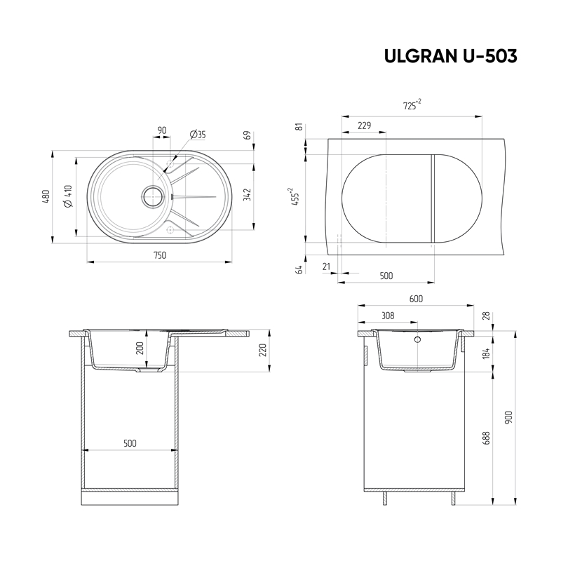 Кухонная мойка ULGRAN U-503 Темно-серый