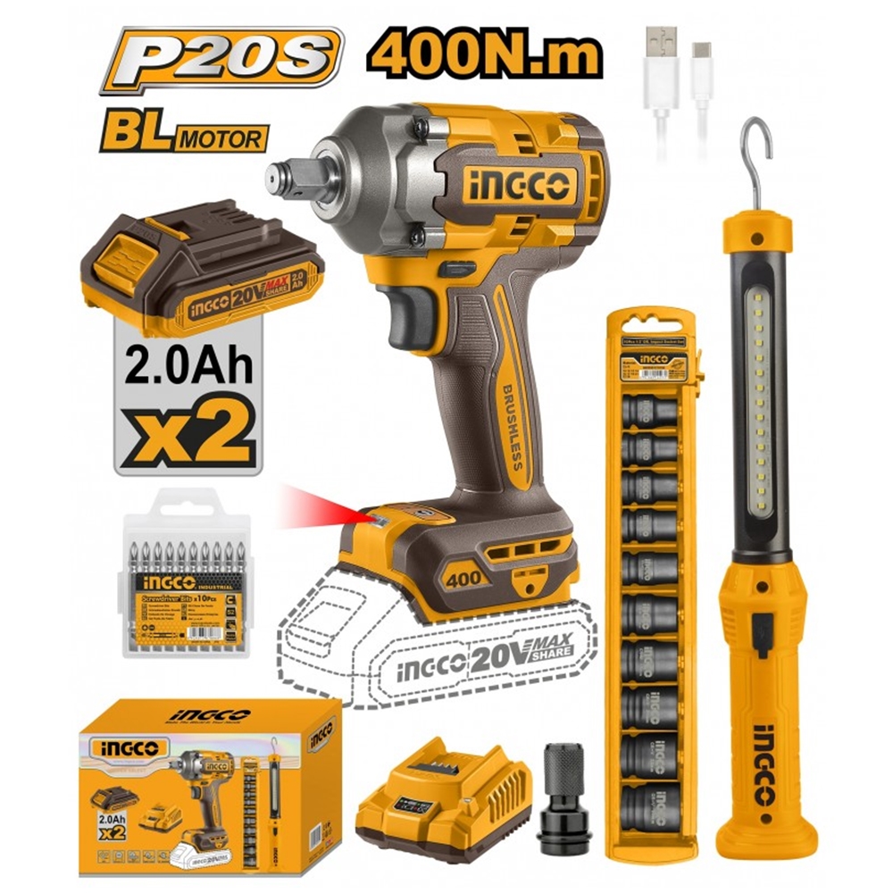 Гайковерт аккумуляторный 20V/2*2Ah + фонарь + набор головок INGCO COSLI230