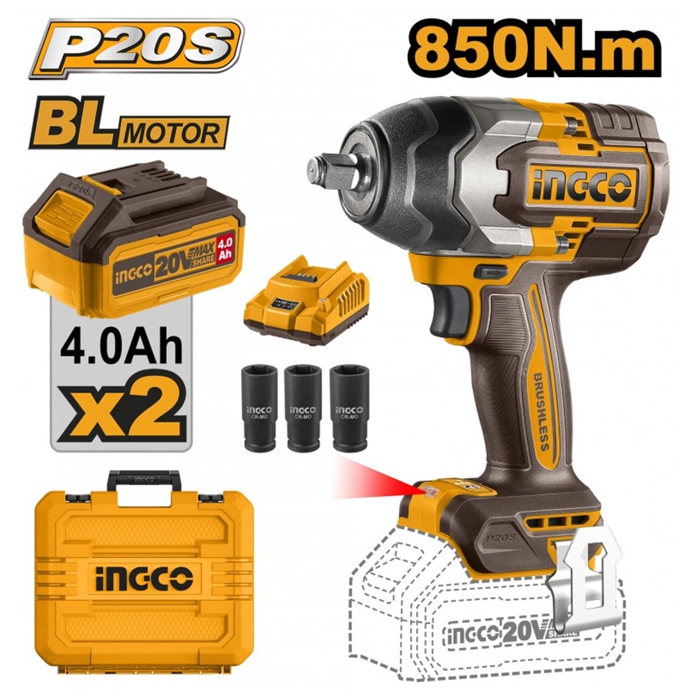 Гайковёрт аккумуляторный ударный Li-Ion 20V/2*4A 850Nm INGCO CIWLI2085