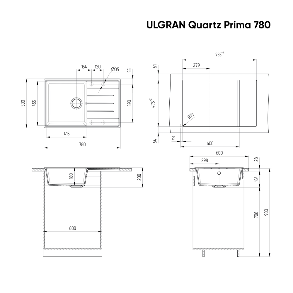 Кухонная мойка ULGRAN Quartz Prima 780 Асфальт